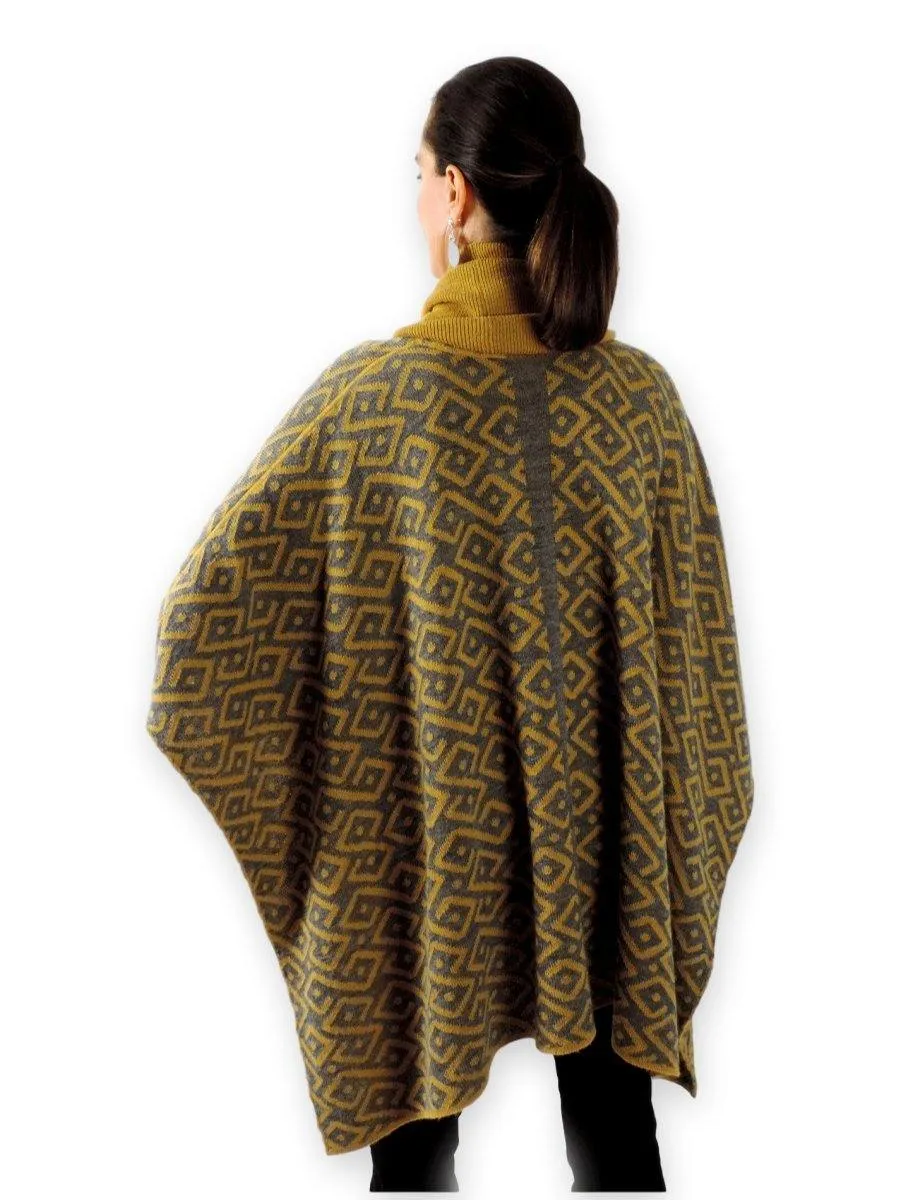 100% Baby Alpaca Reversible Knit Poncho Sweater - Yellow & Grey