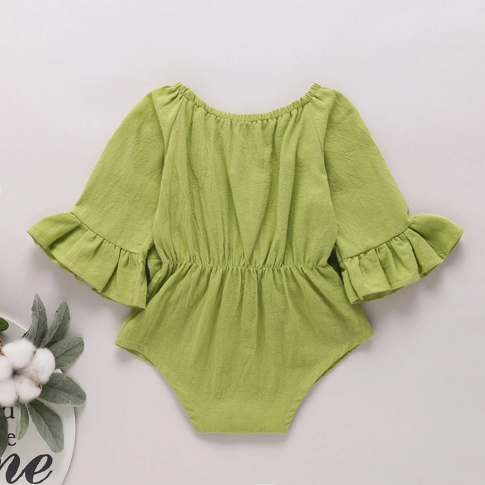 100% Cotton Solid Bowknot Decor Long-sleeve Baby Romper