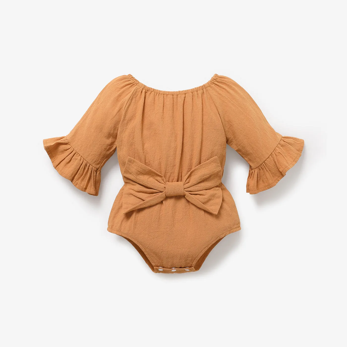 100% Cotton Solid Bowknot Decor Long-sleeve Baby Romper