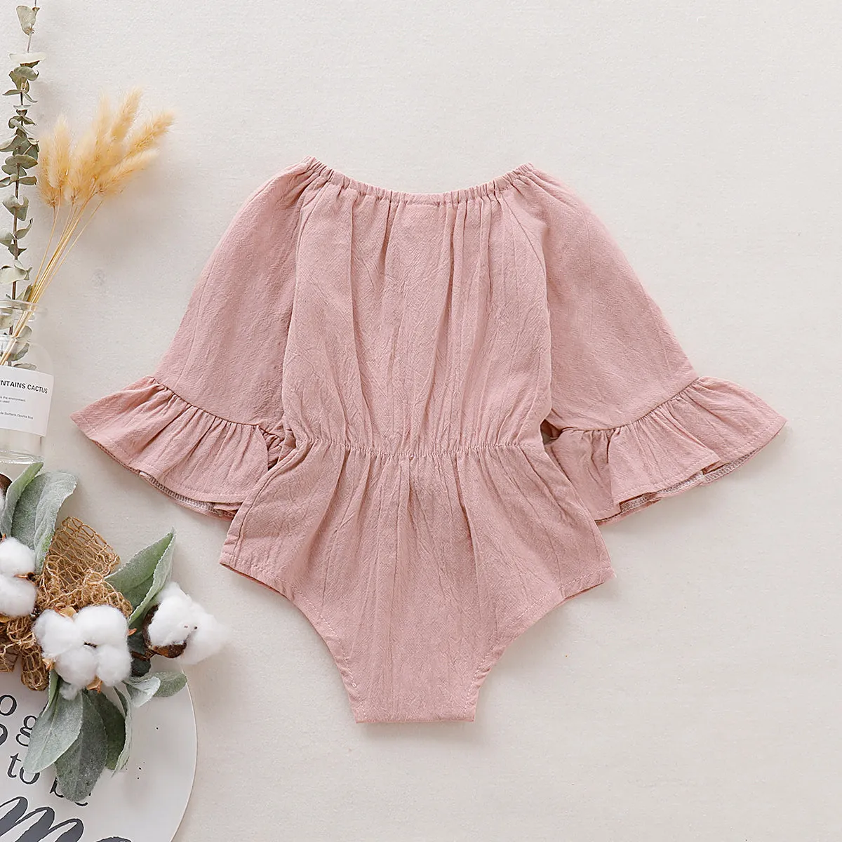 100% Cotton Solid Bowknot Decor Long-sleeve Baby Romper