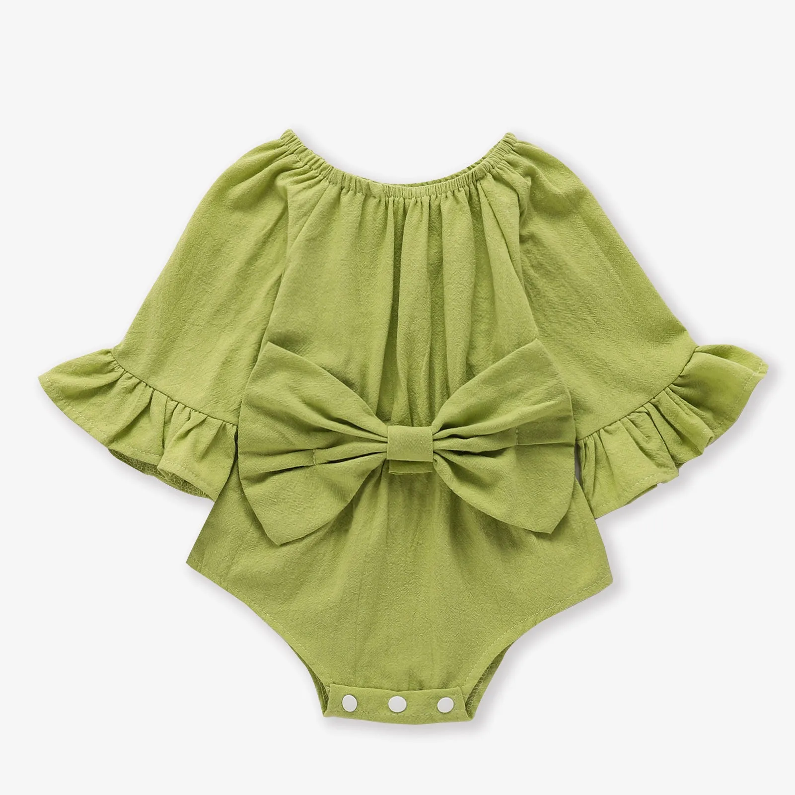 100% Cotton Solid Bowknot Decor Long-sleeve Baby Romper