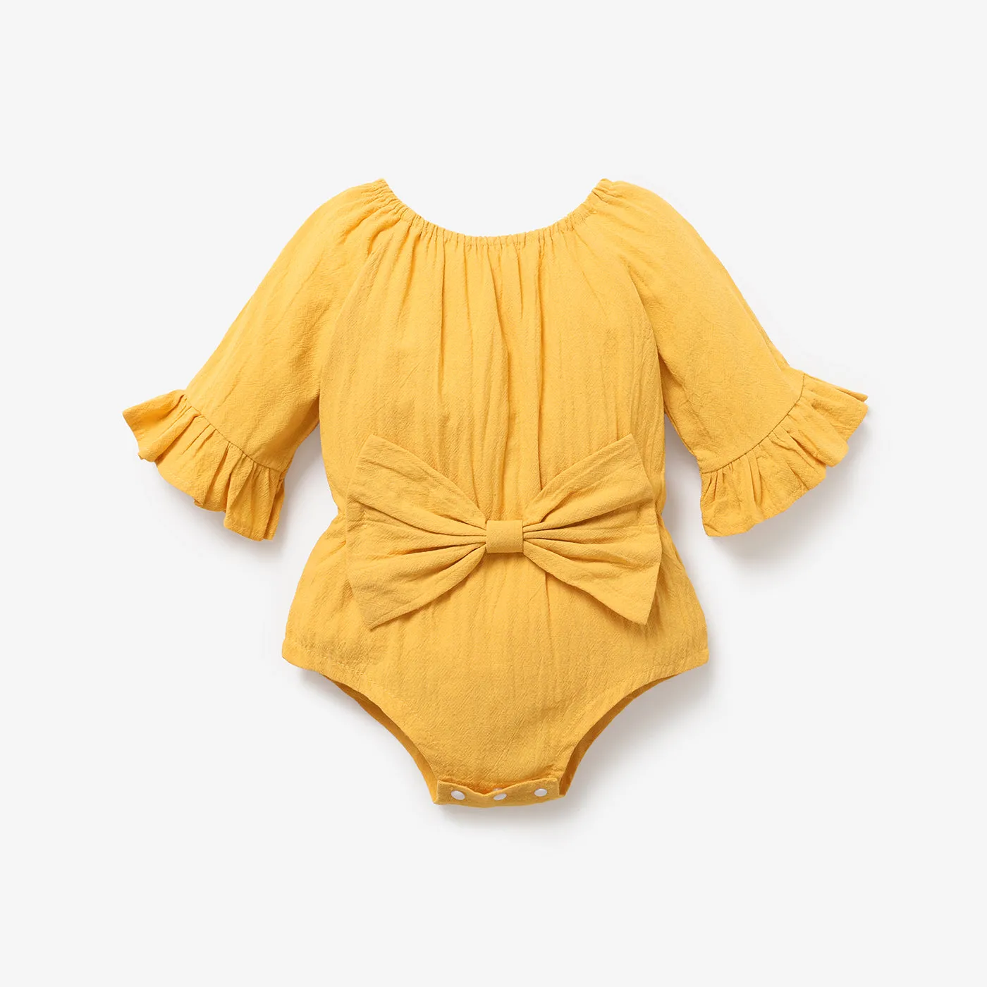 100% Cotton Solid Bowknot Decor Long-sleeve Baby Romper