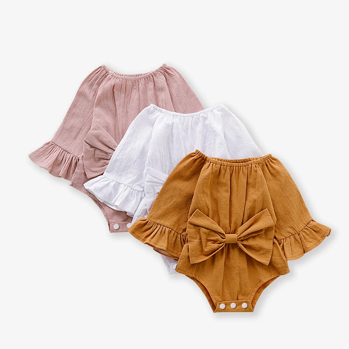 100% Cotton Solid Bowknot Decor Long-sleeve Baby Romper