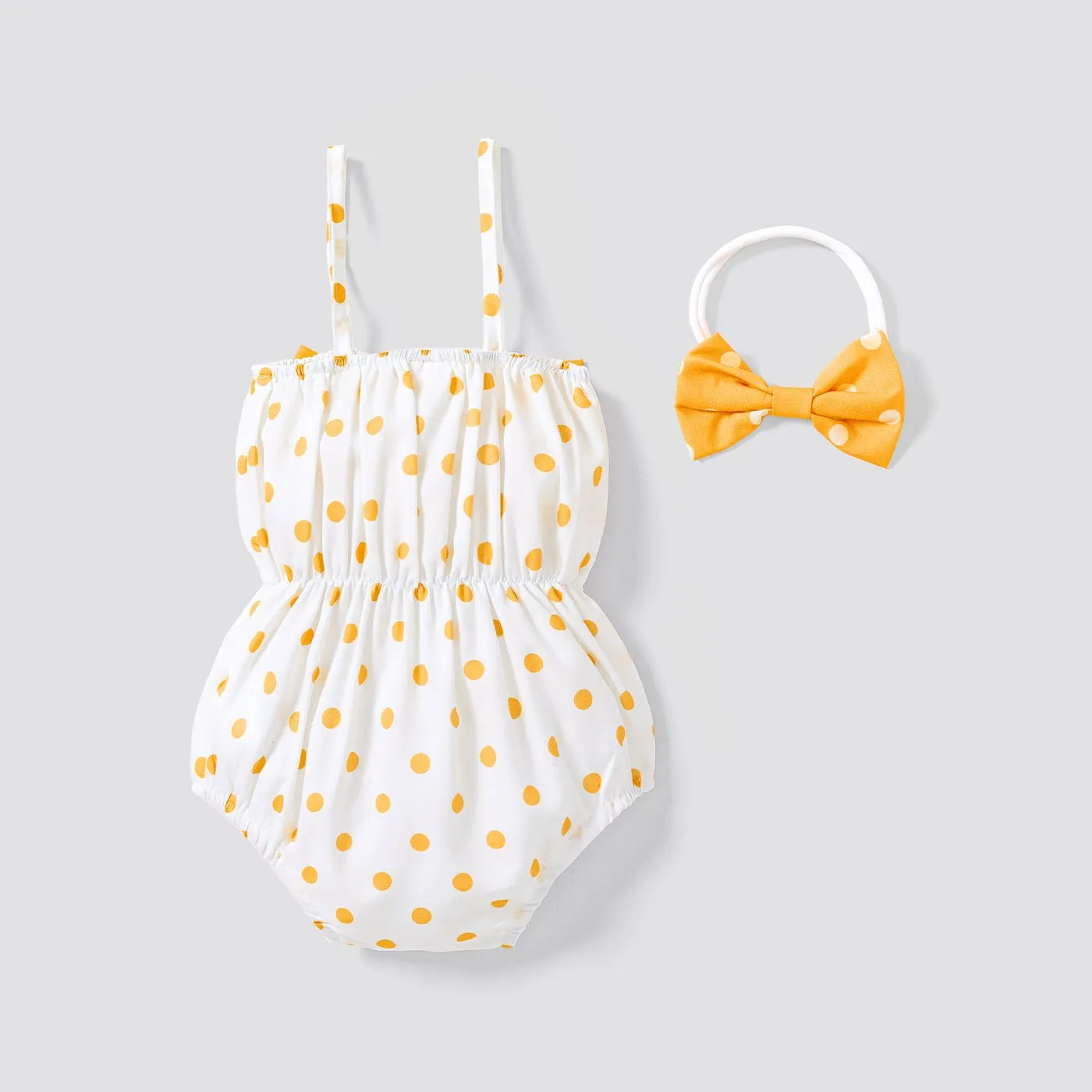 2pcs Baby Girl Allover Dots Bowknot Sleeveless Spaghetti Strap Romper with Headband Set
