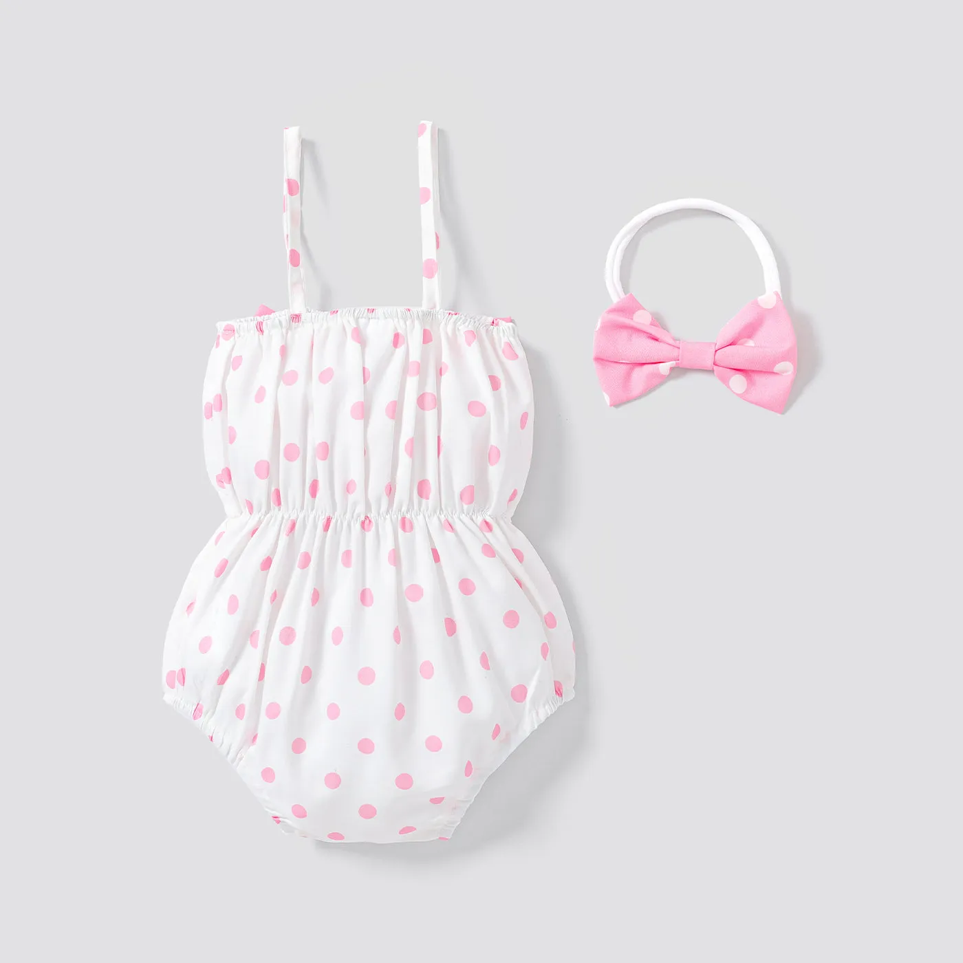 2pcs Baby Girl Allover Dots Bowknot Sleeveless Spaghetti Strap Romper with Headband Set