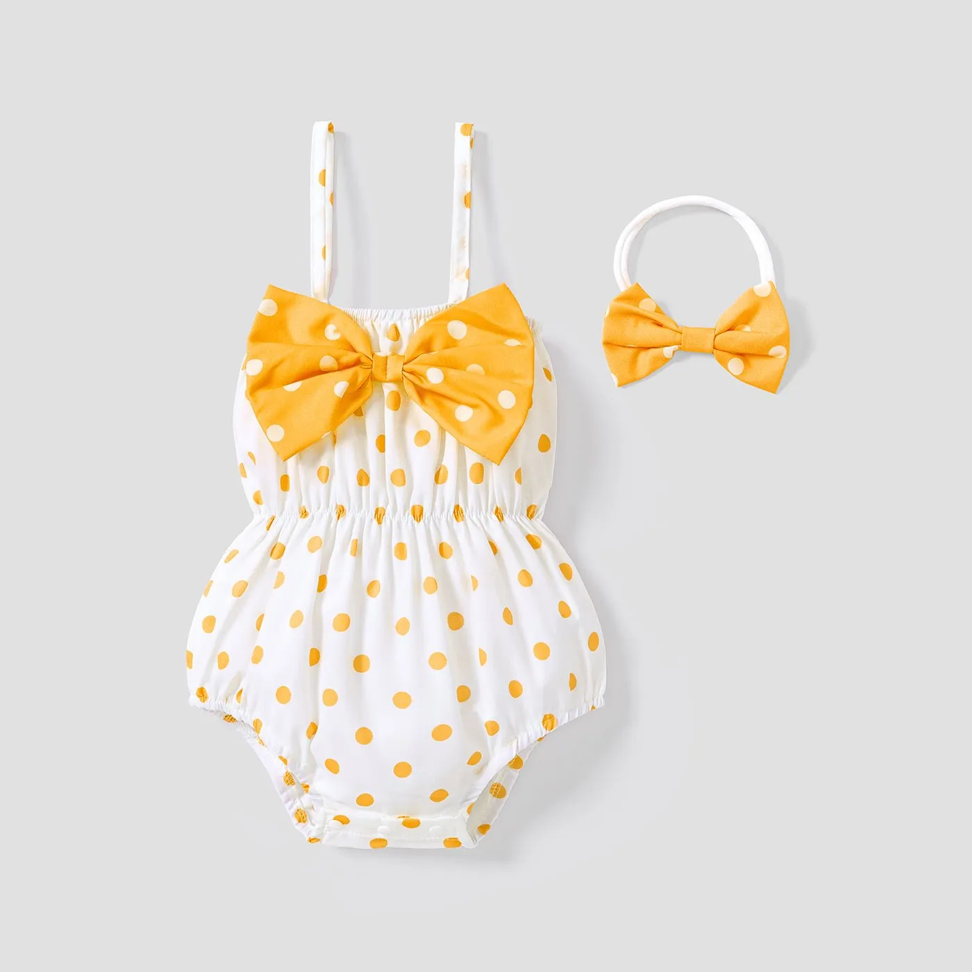 2pcs Baby Girl Allover Dots Bowknot Sleeveless Spaghetti Strap Romper with Headband Set