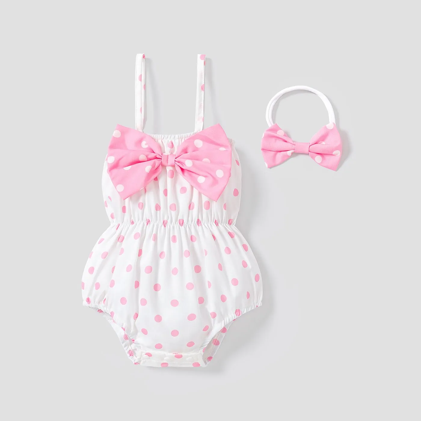 2pcs Baby Girl Allover Dots Bowknot Sleeveless Spaghetti Strap Romper with Headband Set