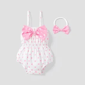2pcs Baby Girl Allover Dots Bowknot Sleeveless Spaghetti Strap Romper with Headband Set
