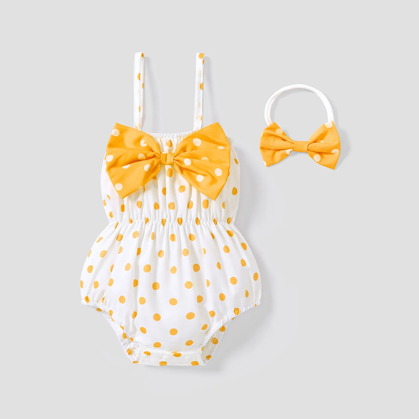 2pcs Baby Girl Allover Dots Bowknot Sleeveless Spaghetti Strap Romper with Headband Set