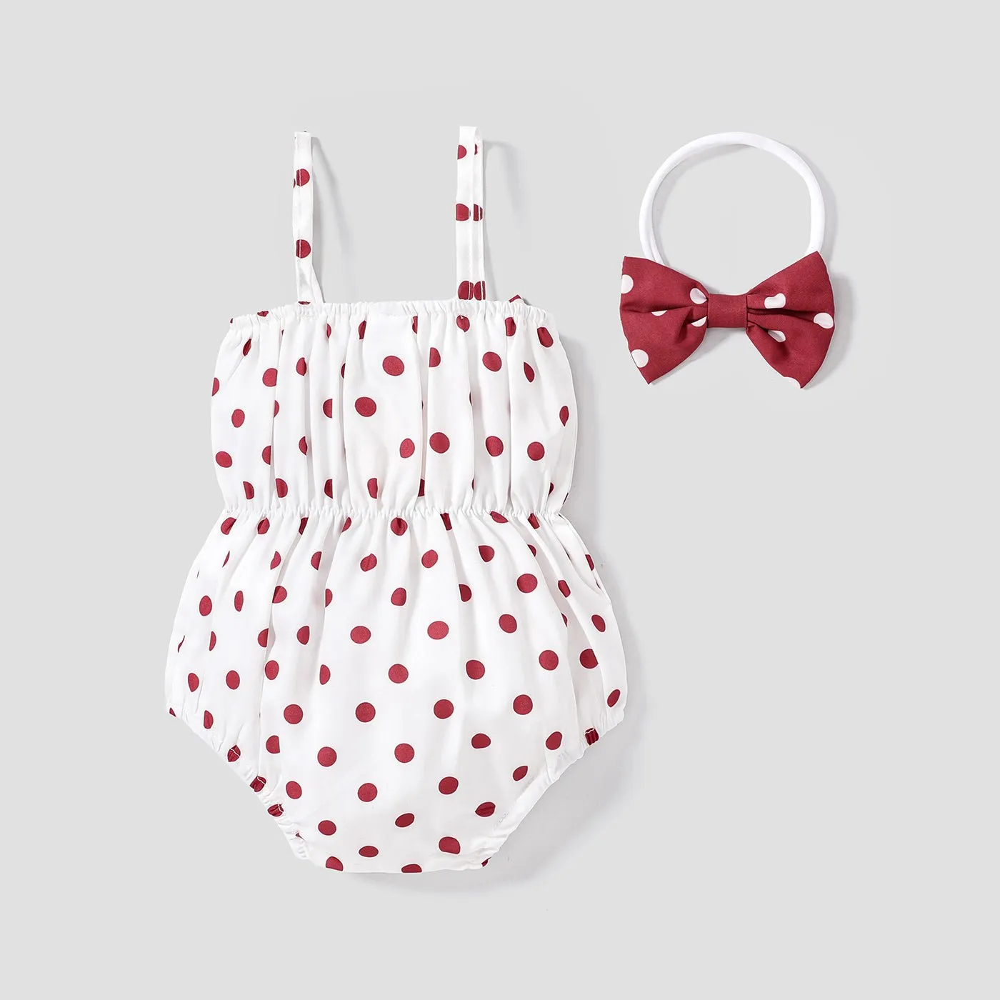 2pcs Baby Girl Allover Dots Bowknot Sleeveless Spaghetti Strap Romper with Headband Set