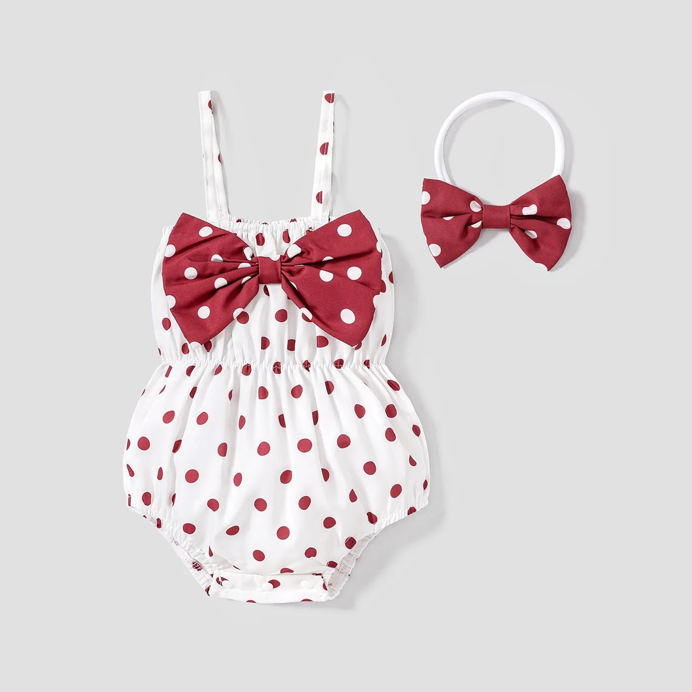 2pcs Baby Girl Allover Dots Bowknot Sleeveless Spaghetti Strap Romper with Headband Set