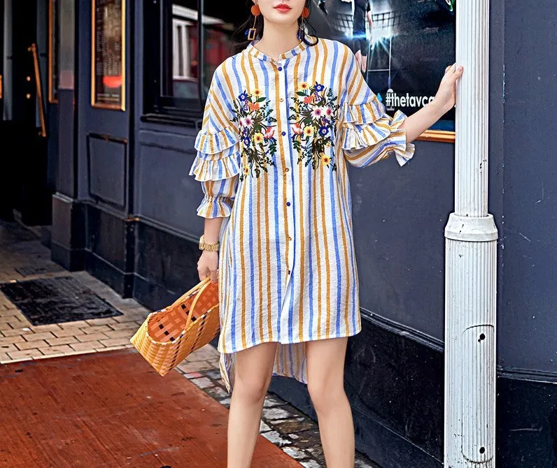 8GIRLS DESIGN EMBROIDERED FRILL SLEEVE SHIRT DRESS IN MULTI STRIPE