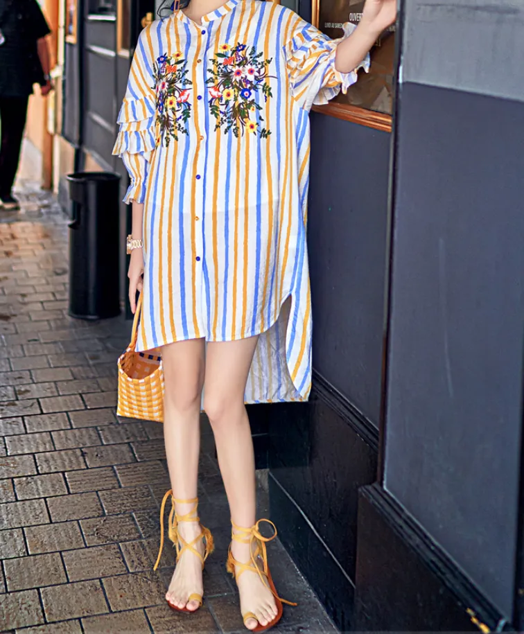 8GIRLS DESIGN EMBROIDERED FRILL SLEEVE SHIRT DRESS IN MULTI STRIPE