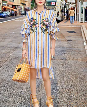 8GIRLS DESIGN EMBROIDERED FRILL SLEEVE SHIRT DRESS IN MULTI STRIPE