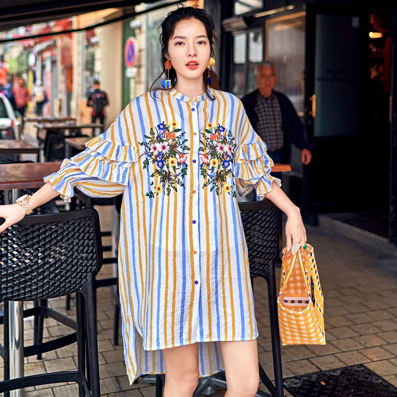 8GIRLS DESIGN EMBROIDERED FRILL SLEEVE SHIRT DRESS IN MULTI STRIPE