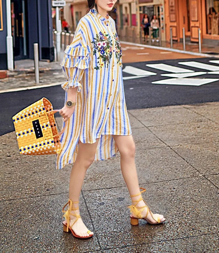 8GIRLS DESIGN EMBROIDERED FRILL SLEEVE SHIRT DRESS IN MULTI STRIPE