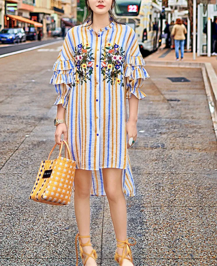 8GIRLS DESIGN EMBROIDERED FRILL SLEEVE SHIRT DRESS IN MULTI STRIPE