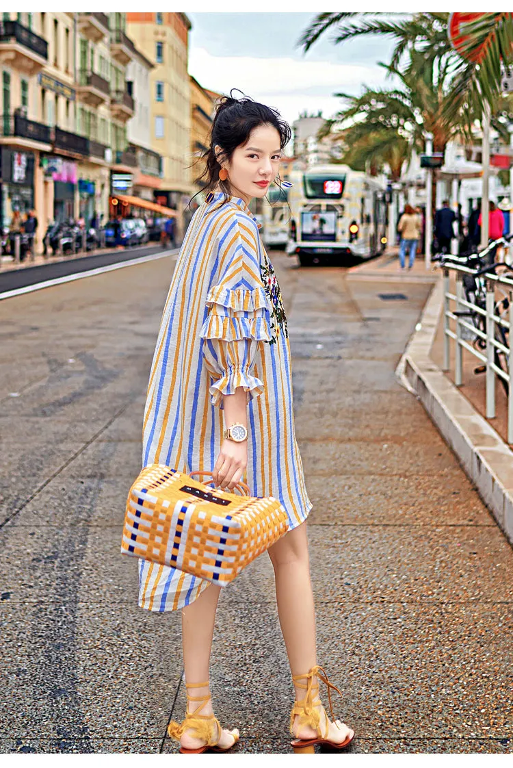 8GIRLS DESIGN EMBROIDERED FRILL SLEEVE SHIRT DRESS IN MULTI STRIPE