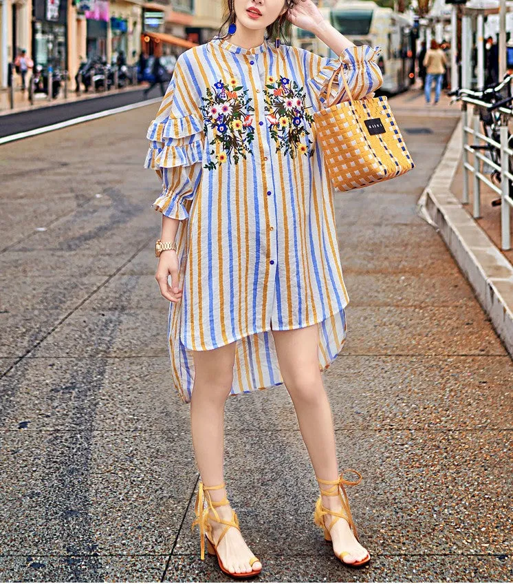 8GIRLS DESIGN EMBROIDERED FRILL SLEEVE SHIRT DRESS IN MULTI STRIPE