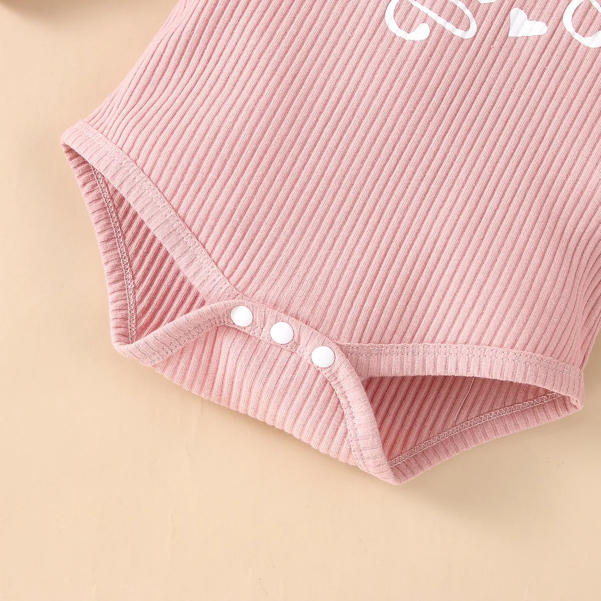Baby 3pcs Letter Print Ruffle Long-sleeve Ribbed Romper and Floral Shorts Set