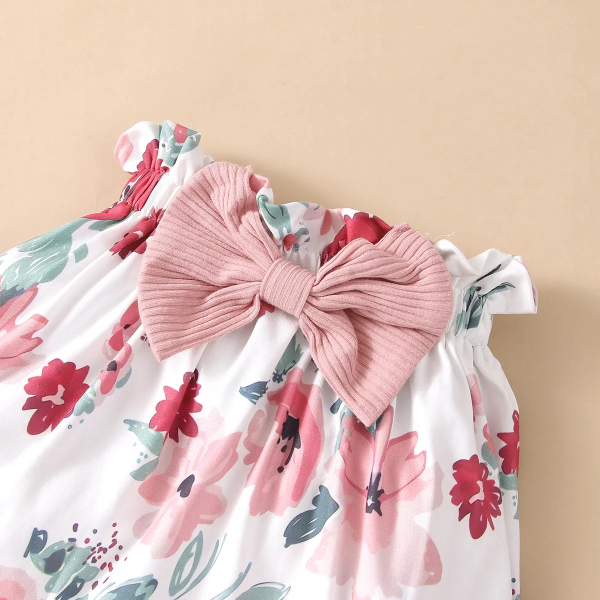 Baby 3pcs Letter Print Ruffle Long-sleeve Ribbed Romper and Floral Shorts Set