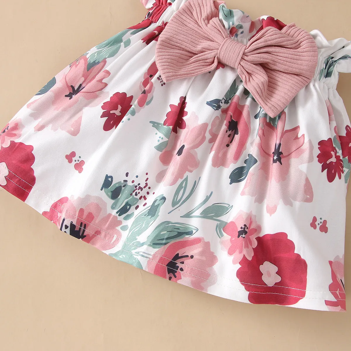 Baby 3pcs Letter Print Ruffle Long-sleeve Ribbed Romper and Floral Shorts Set