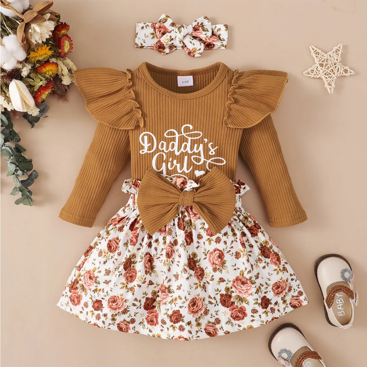 Baby 3pcs Letter Print Ruffle Long-sleeve Ribbed Romper and Floral Shorts Set