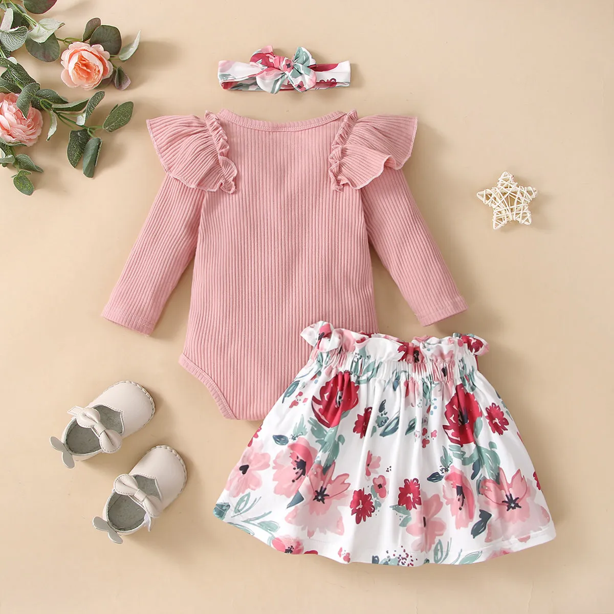 Baby 3pcs Letter Print Ruffle Long-sleeve Ribbed Romper and Floral Shorts Set