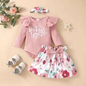 Baby 3pcs Letter Print Ruffle Long-sleeve Ribbed Romper and Floral Shorts Set