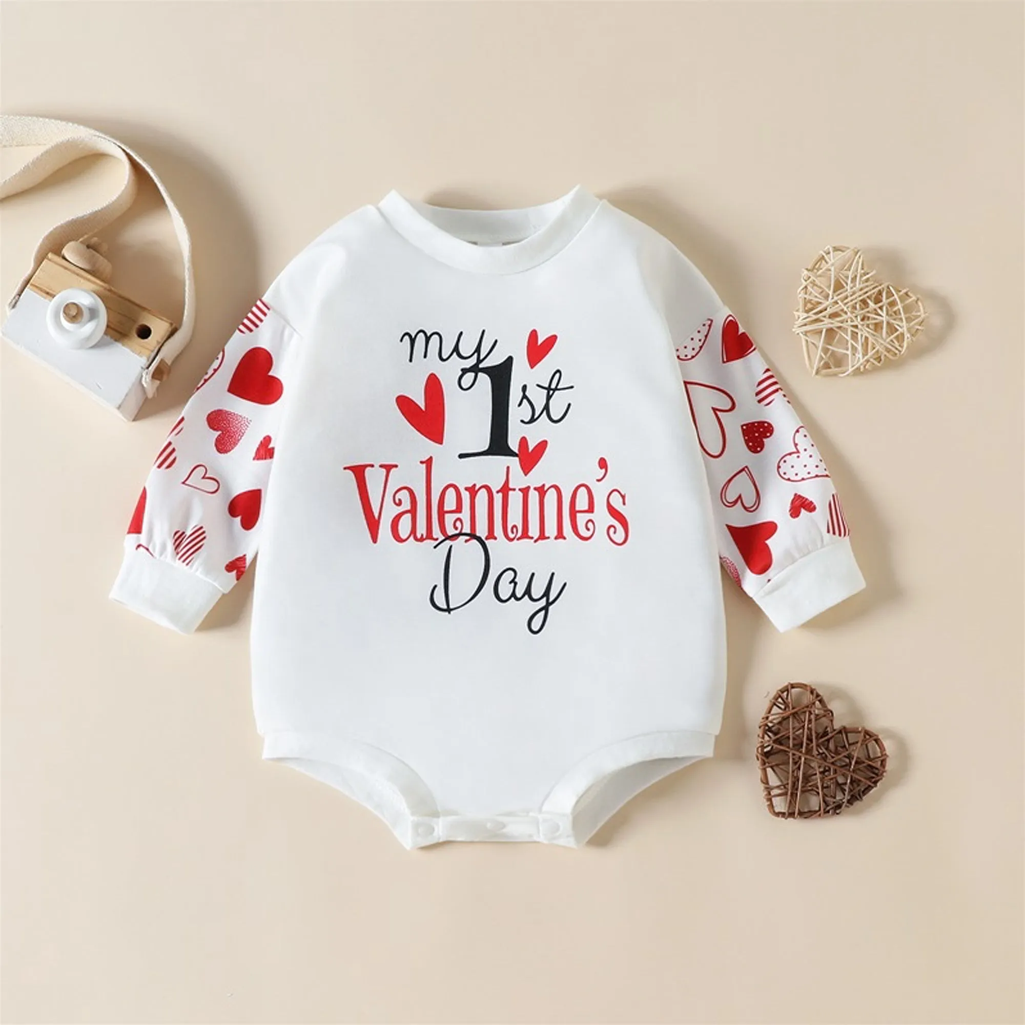 Baby Girls 1st Valentine's Day Romper Long Sleeve, White Sweatshirt Letter Heart Print