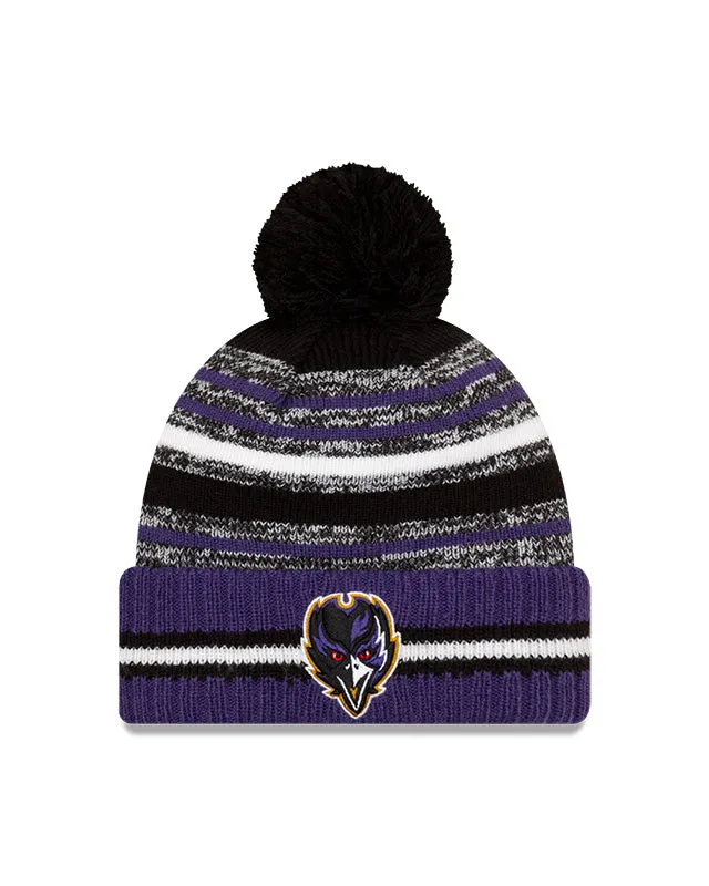 Baltimore Ravens New Era 2021 NFL Sideline - Sport Official Pom Cuffed Knit Hat - Purple/Black