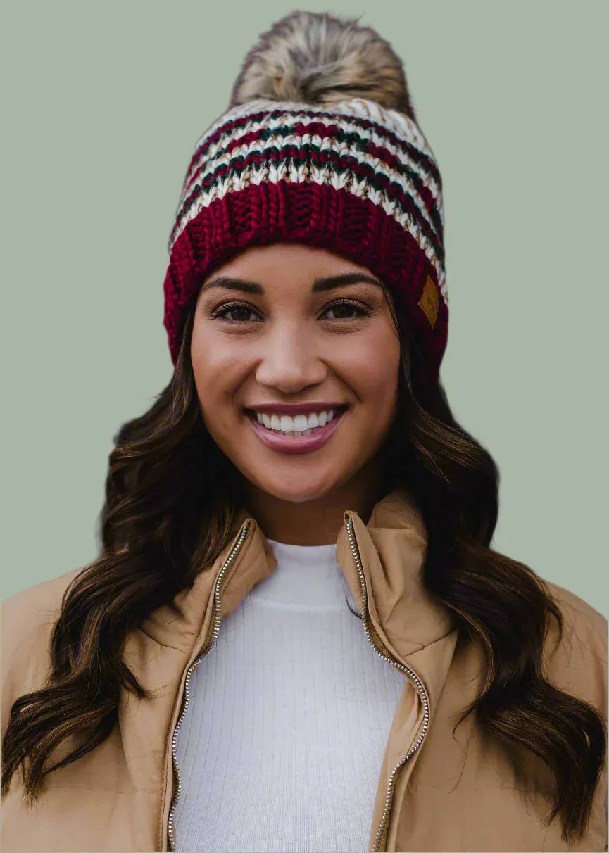 Beige, Red & Green Striped Pom Hat