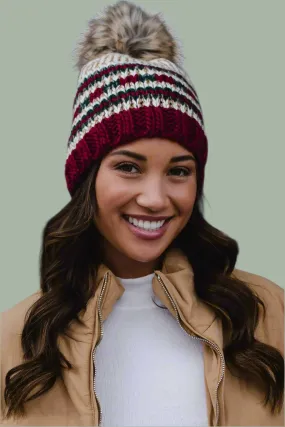 Beige, Red & Green Striped Pom Hat