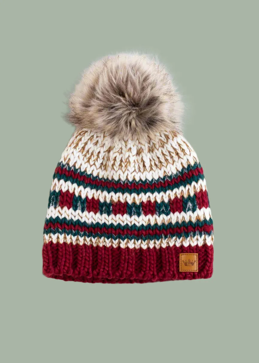 Beige, Red & Green Striped Pom Hat