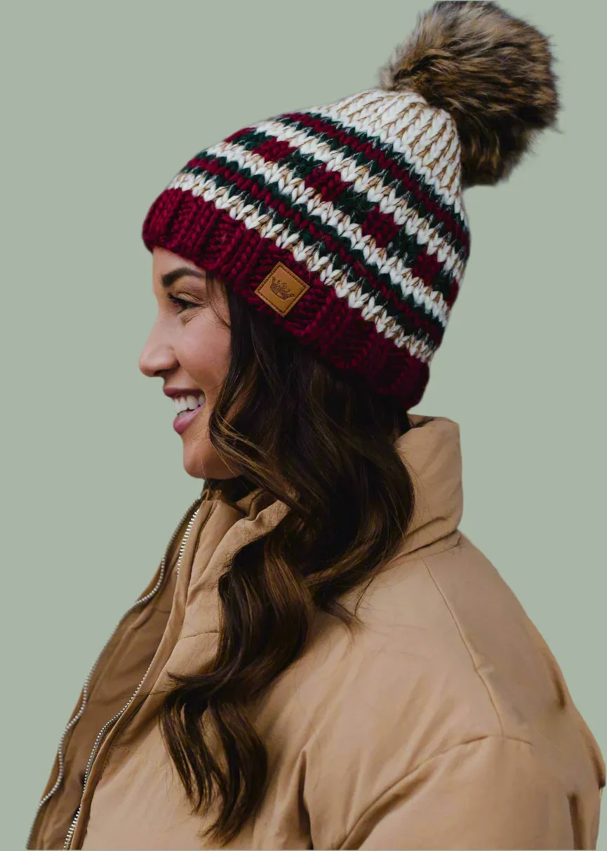 Beige, Red & Green Striped Pom Hat