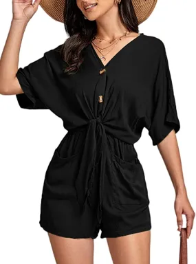 Black Knit Loose Sleeve Button Up Shorts Romper