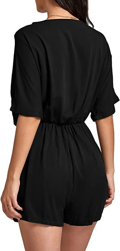 Black Knit Loose Sleeve Button Up Shorts Romper