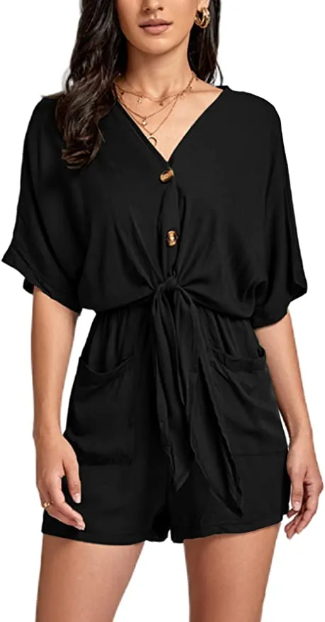 Black Knit Loose Sleeve Button Up Shorts Romper