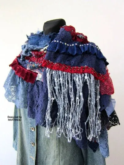 Blue Boho Festival Fringe Shawl,Upcycled Clothing For Women