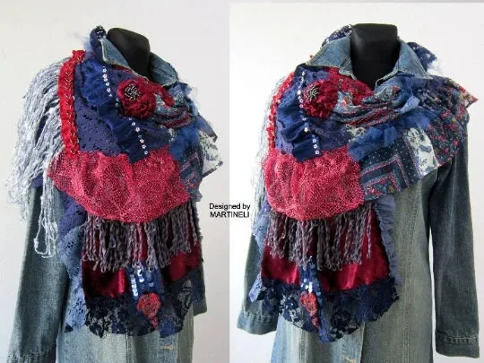 Blue Boho Festival Fringe Shawl,Upcycled Clothing For Women
