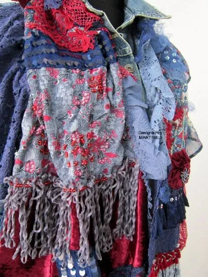 Blue Boho Festival Fringe Shawl,Upcycled Clothing For Women