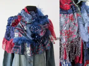 Blue Boho Festival Fringe Shawl,Upcycled Clothing For Women