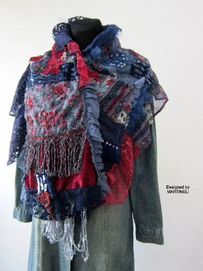 Blue Boho Festival Fringe Shawl,Upcycled Clothing For Women