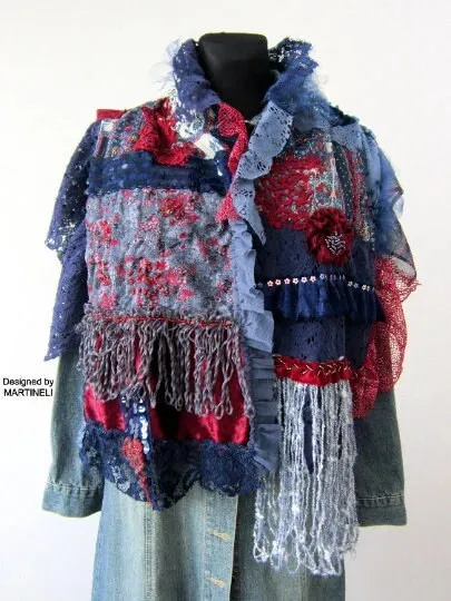 Blue Boho Festival Fringe Shawl,Upcycled Clothing For Women