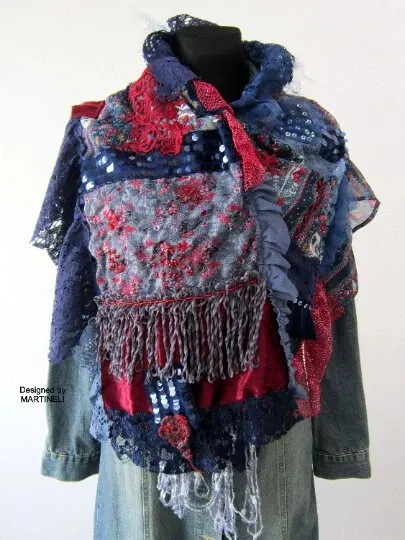 Blue Boho Festival Fringe Shawl,Upcycled Clothing For Women