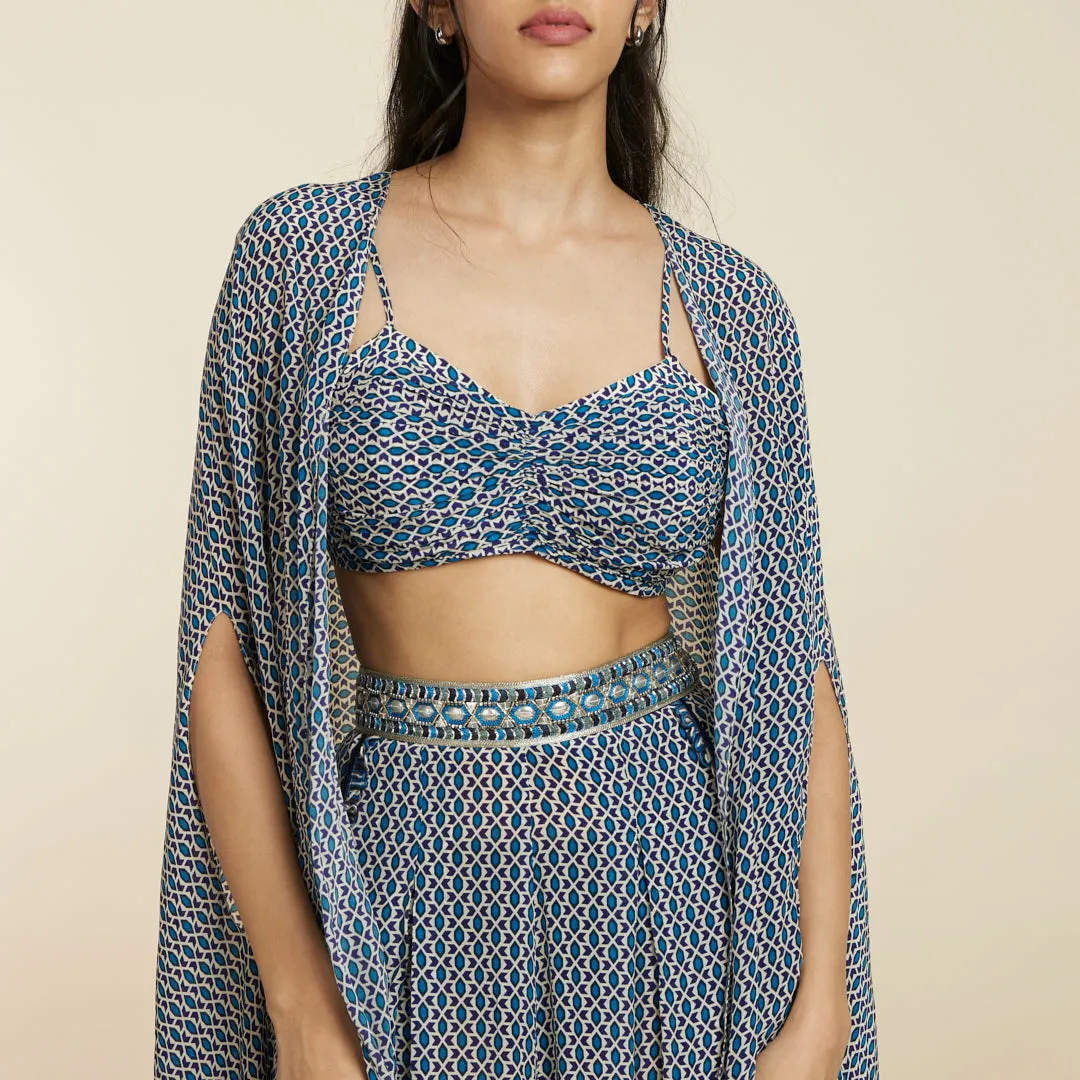 BLUE GEO BIKINI BUSTIER PAIRED WITH PLEATED PANTS