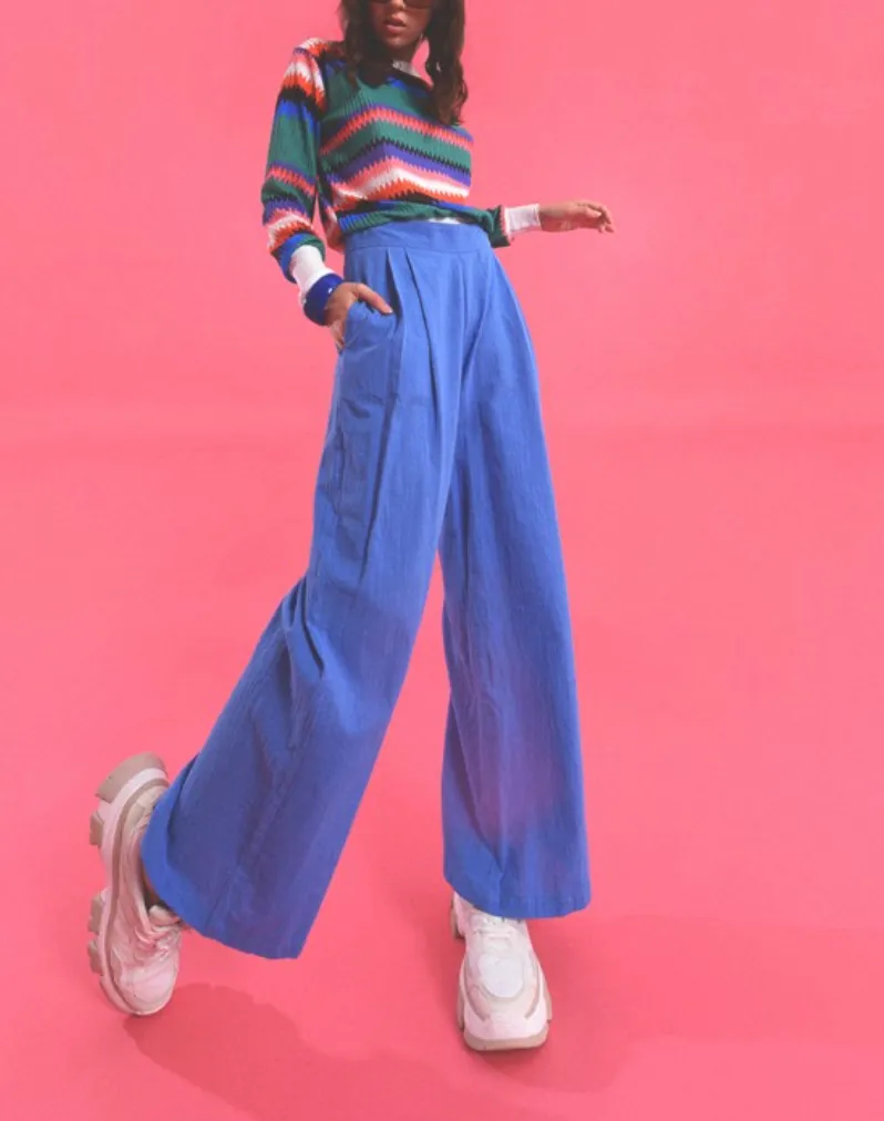 Blue High Waist Wide Leg Pants