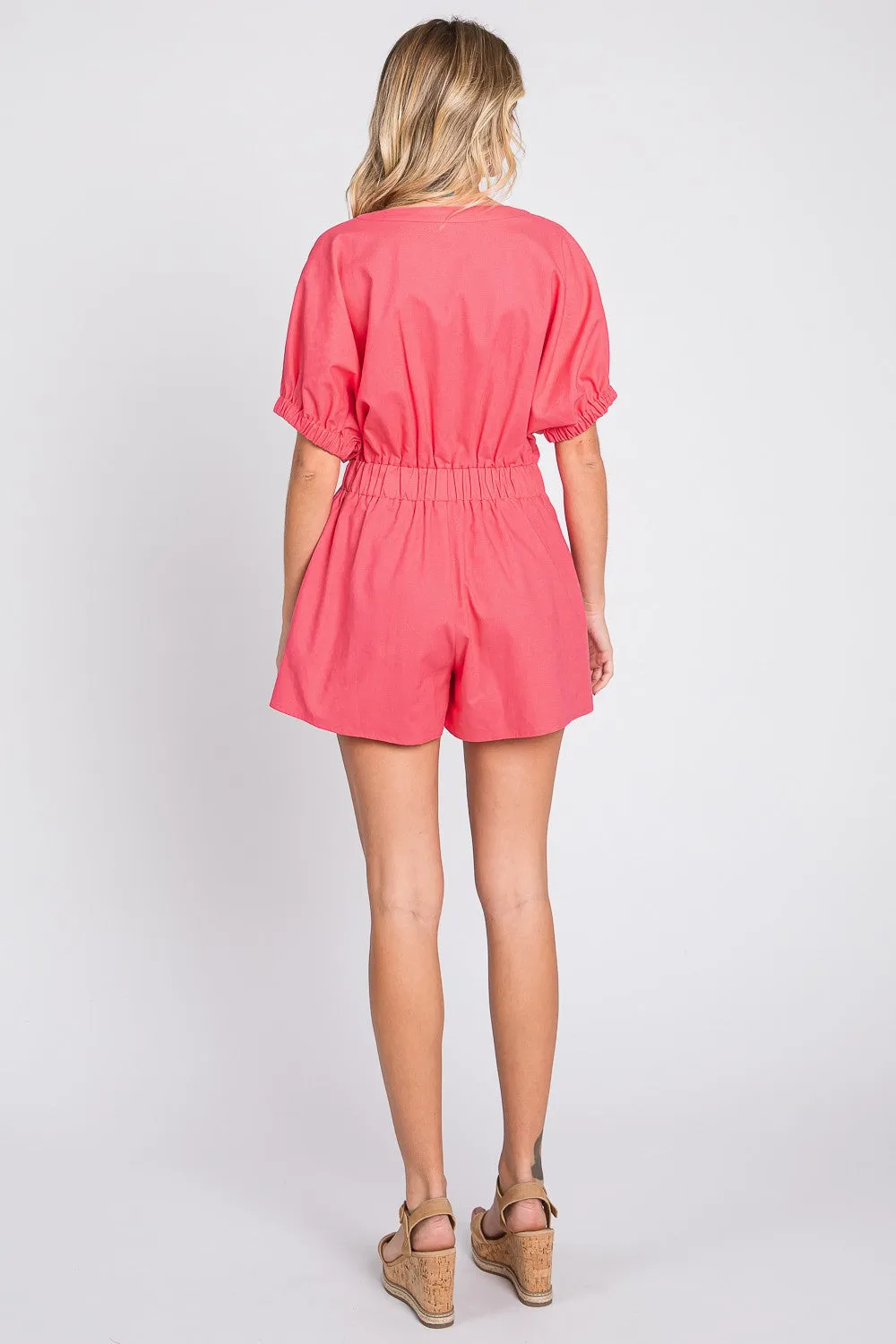 Blue Zone Planet |  GeeGee Half Button V-Neck Linen Romper