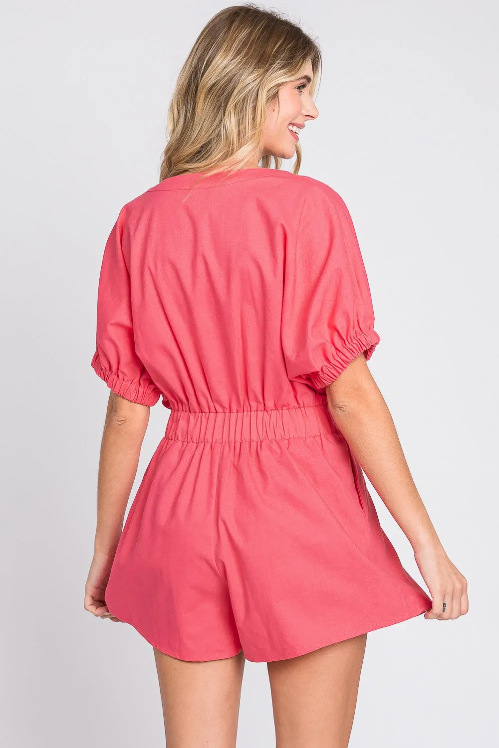 Blue Zone Planet |  GeeGee Half Button V-Neck Linen Romper