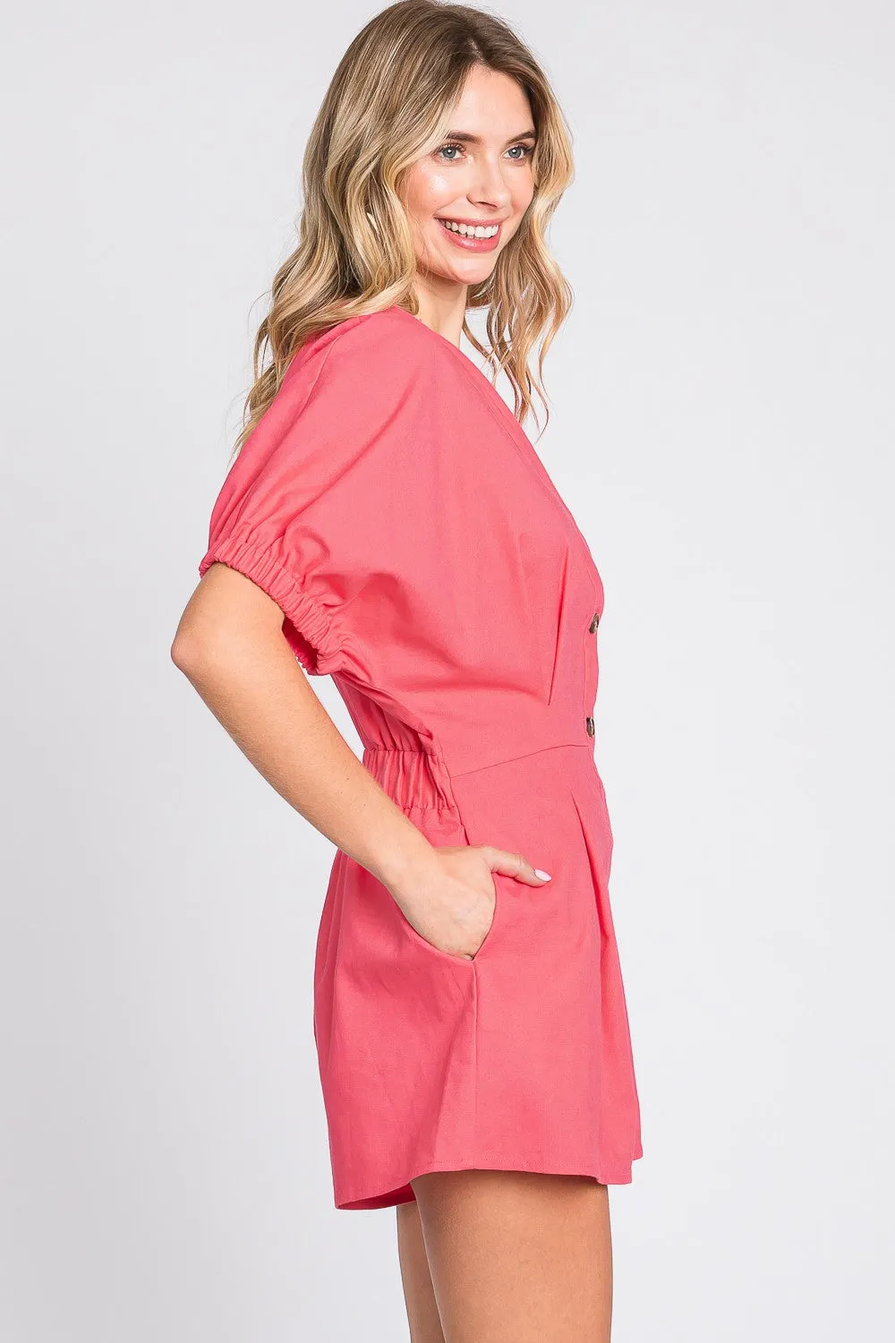 Blue Zone Planet |  GeeGee Half Button V-Neck Linen Romper